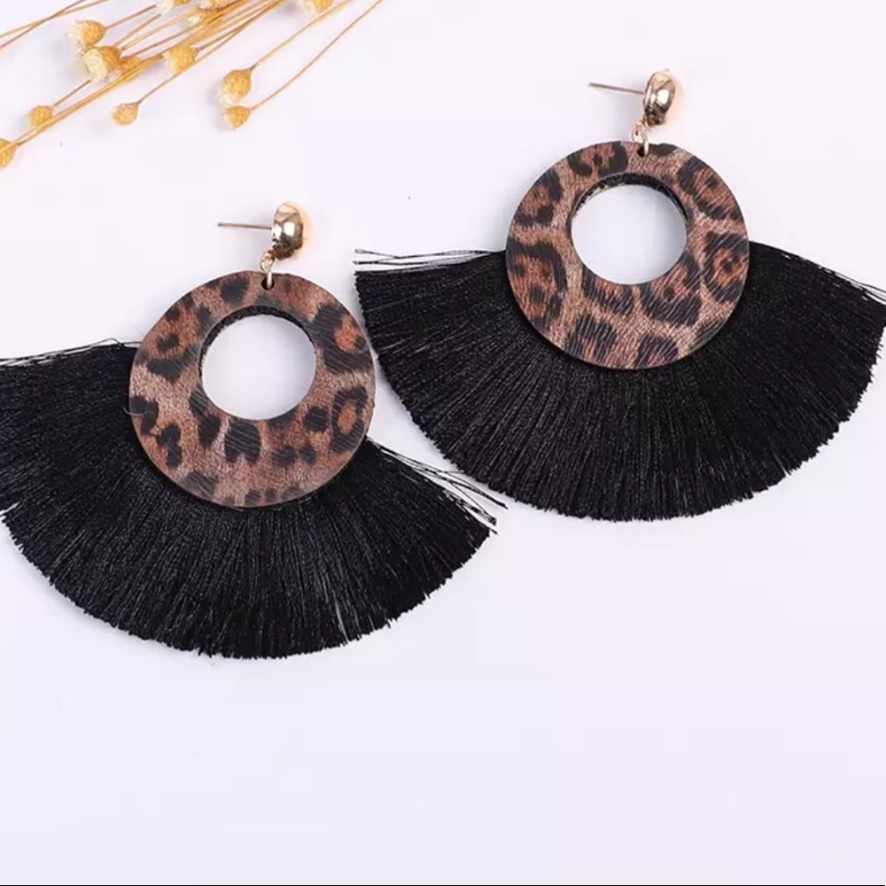 Black Silk Tassel Dangle Earrings - Picture 1 of 3